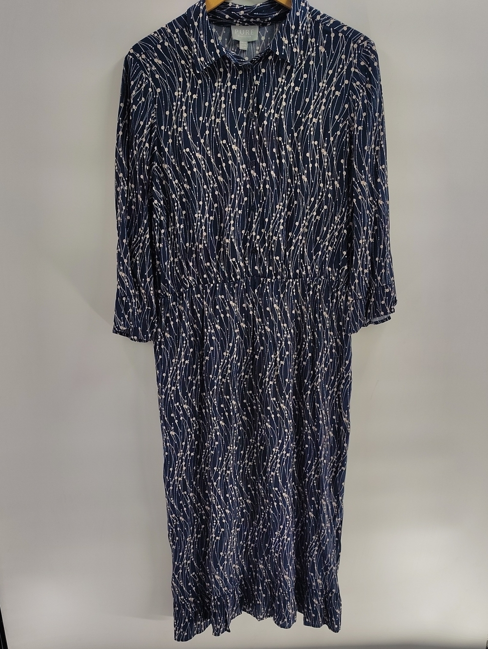 Pure Collection Dress Size 10 Blue Ivory Print Elastic Waist 3/4 Sleeve Midi